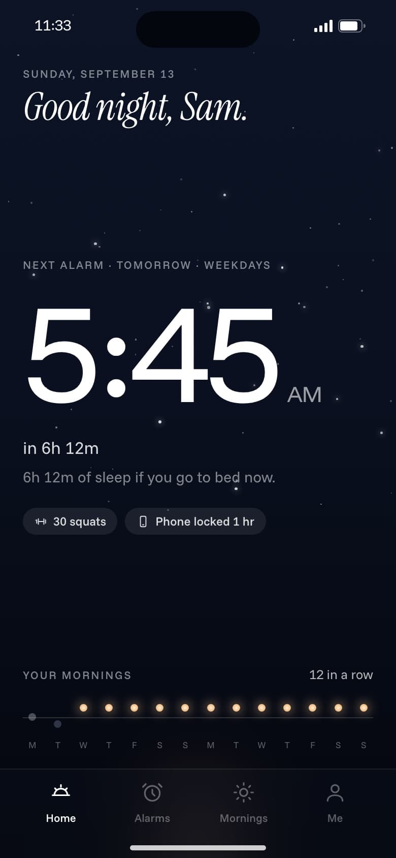 Solis home screen at night: the next alarm, 5:45 AM