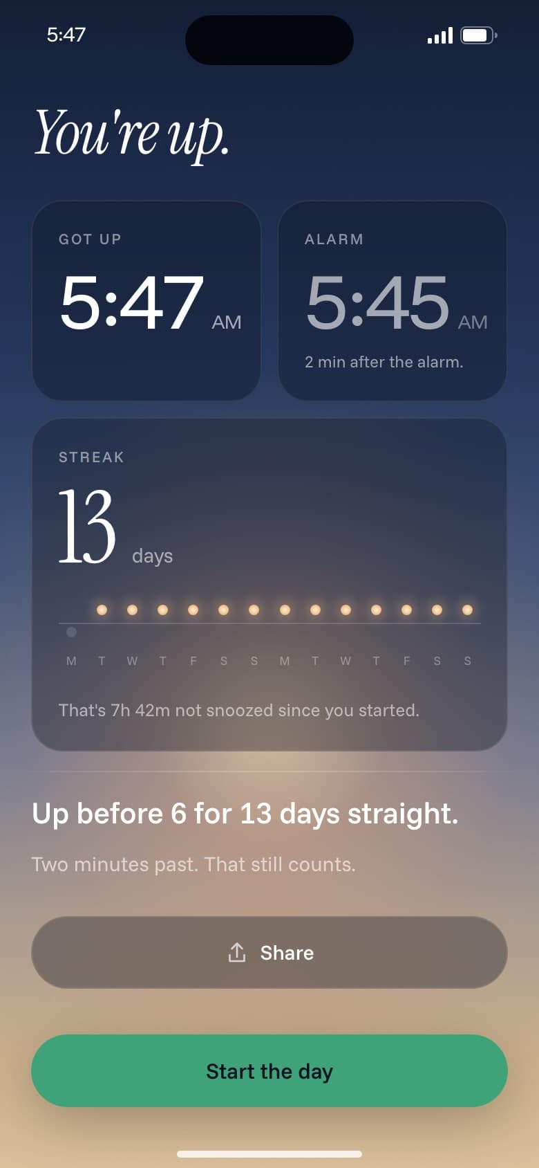 Solis morning screen on a sunrise sky: You're up, 13 day streak