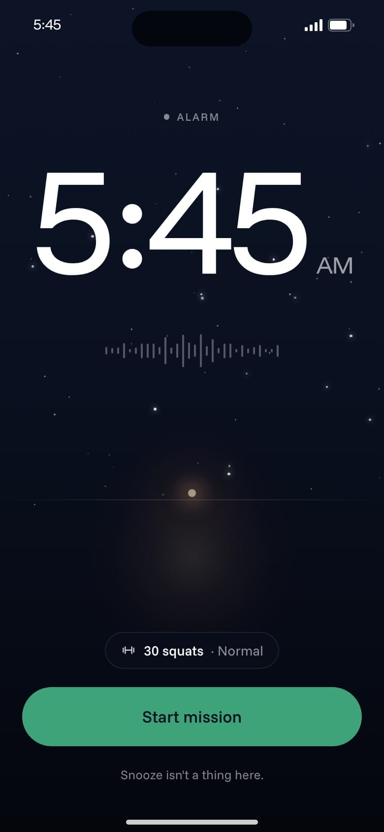 Solis ringing screen: 5:45 AM, one button, Start mission